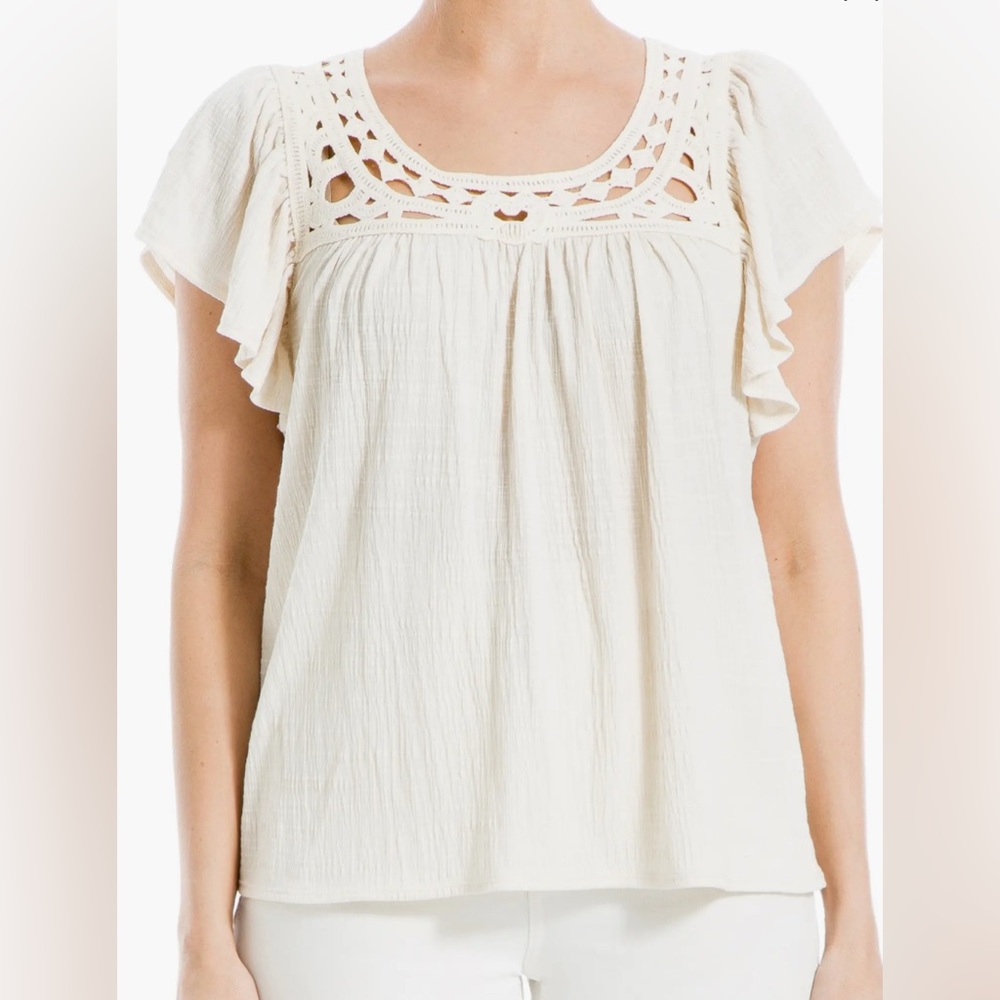 Max Studio Women's Open Stitch Crinkle Top in eggshell size XL